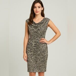 Larry Levine Leopard Animal Print Sheath Dress Sleeveless Cowl Neck Stretch M
